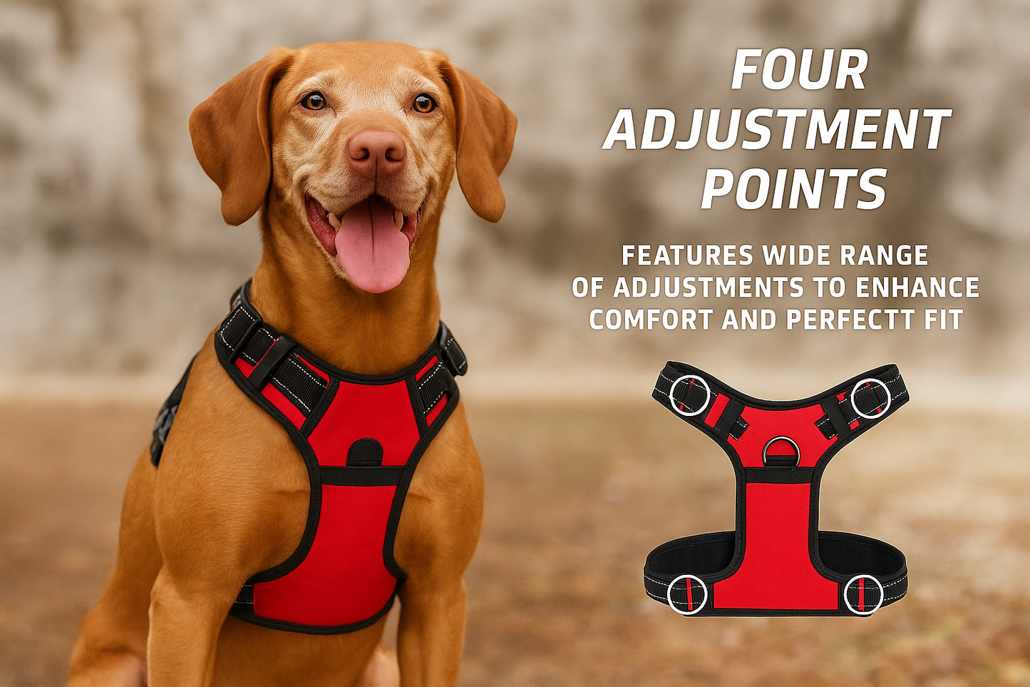 Dog harness advertisement with adjustment points marked
